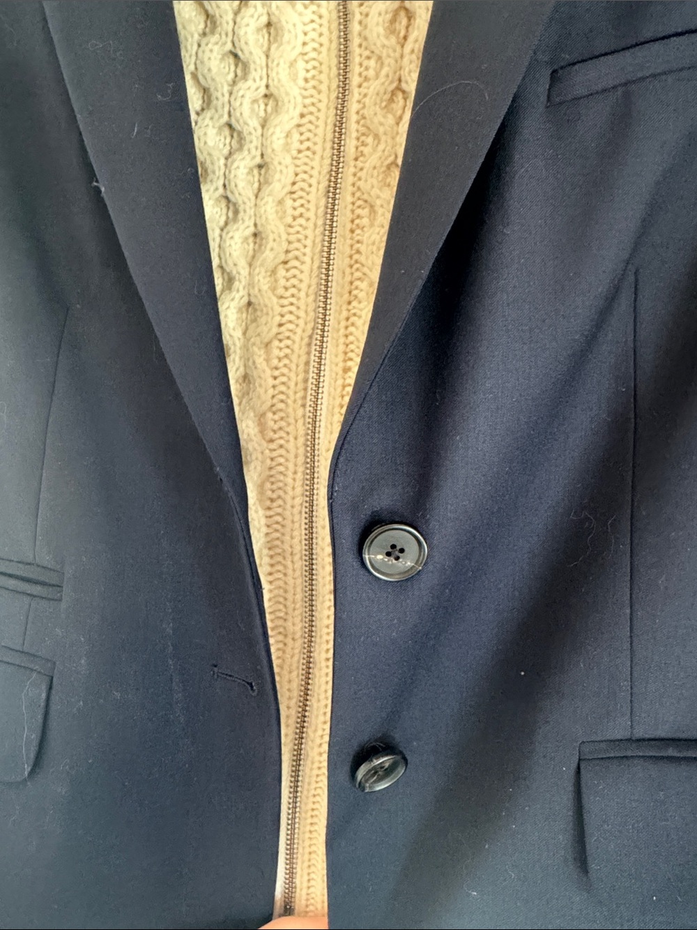 Men's Navy Blazer with Cream Cable-Knit Zip Sweater Insert - Picture 3 of 5